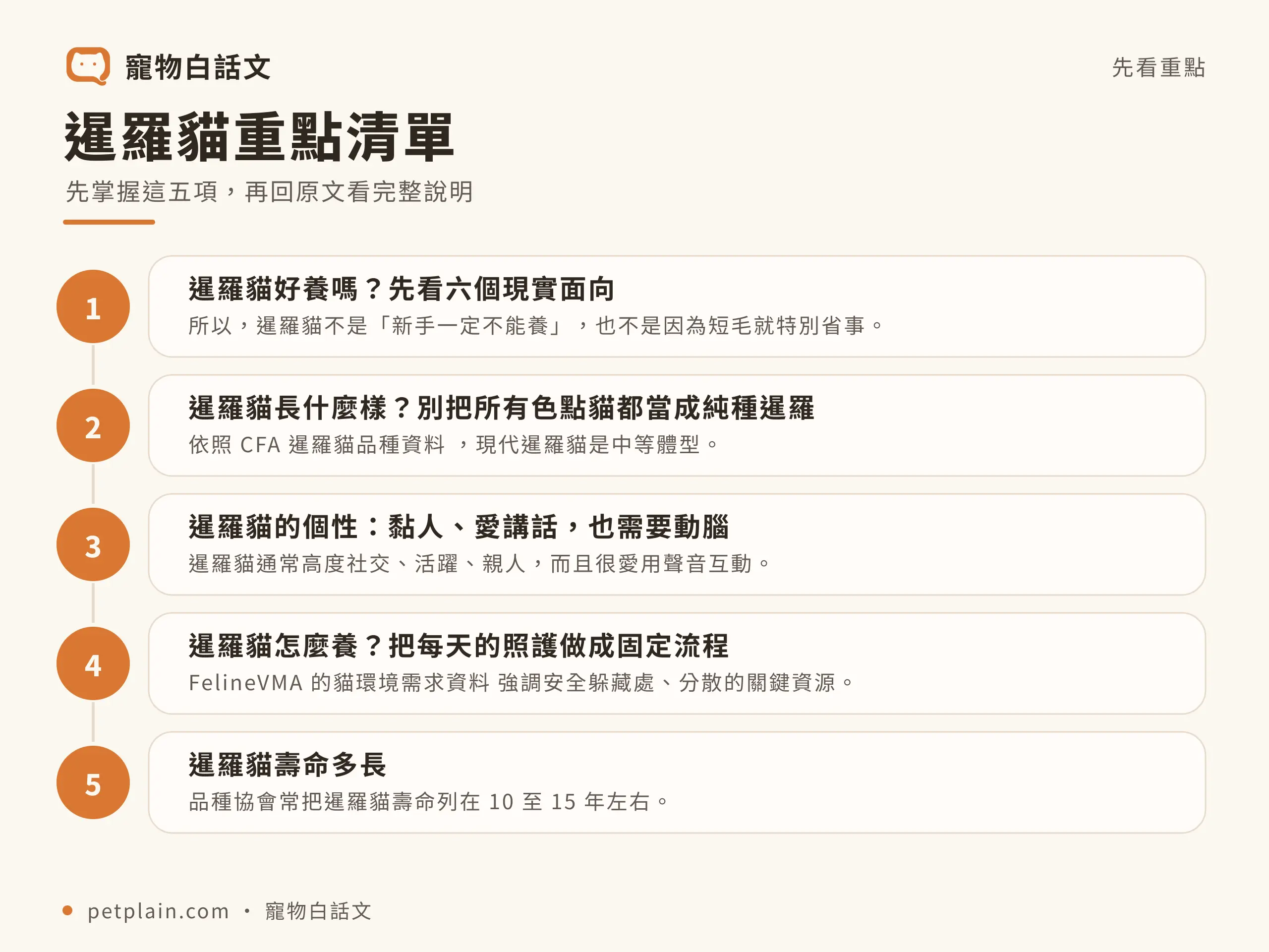 暹羅貓重點清單資訊圖,對應〈暹羅貓好養嗎?個性、壽命、常見疾病與飼養費用〉