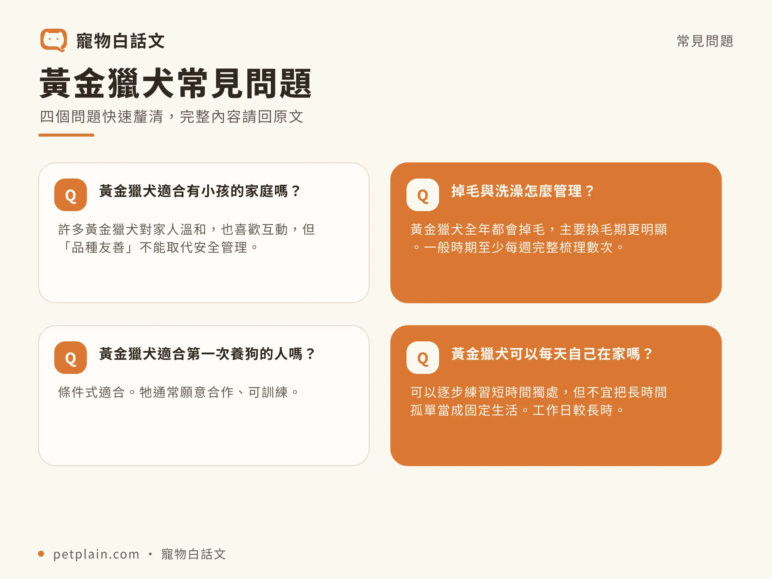 黃金獵犬常見問題資訊圖,對應〈黃金獵犬好養嗎?個性、壽命、常見疾病與飼養費用完整指南〉