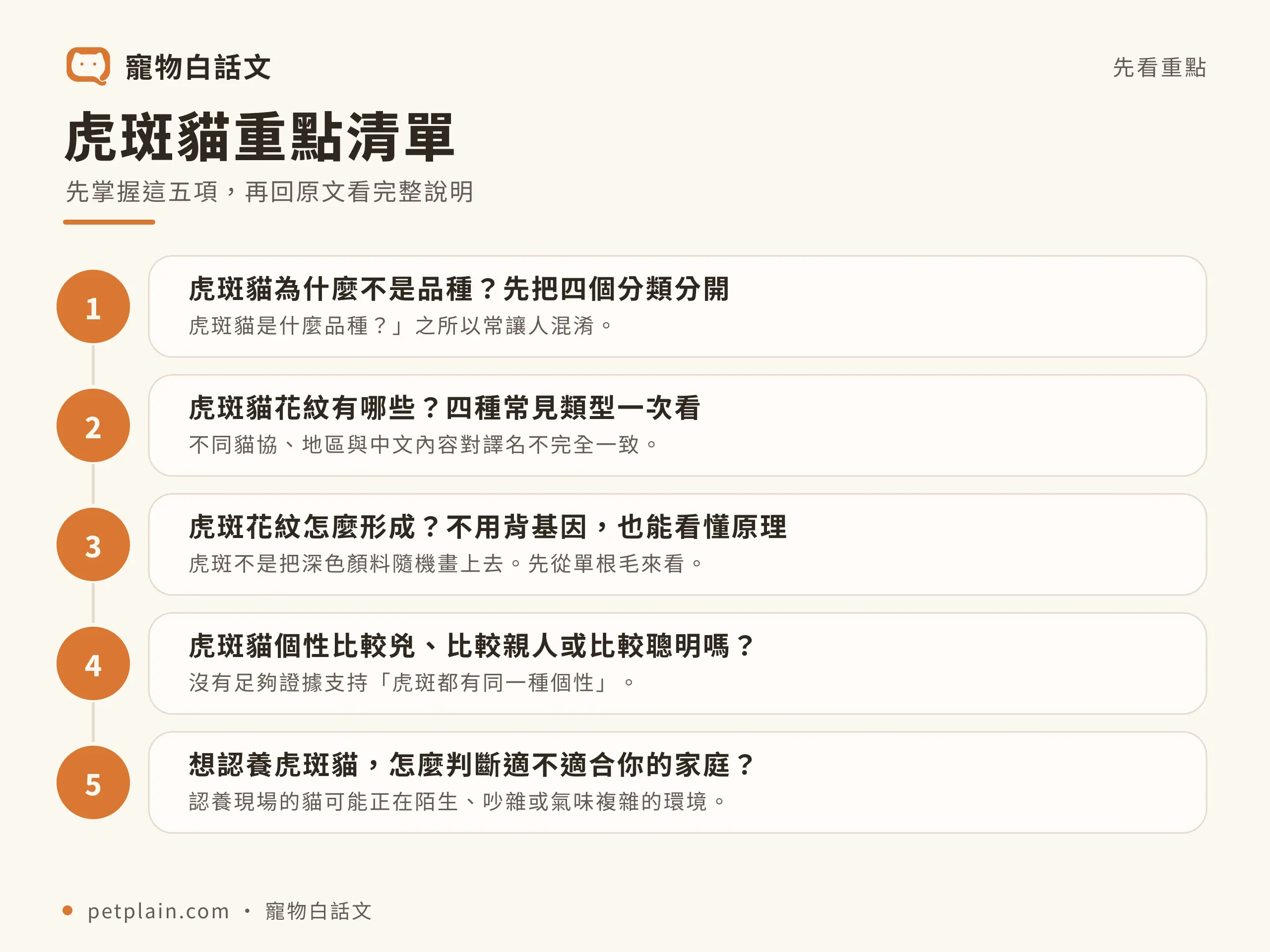 虎斑貓重點清單資訊圖,對應〈虎斑貓是品種嗎?4 種花紋、個性迷思與照護重點〉