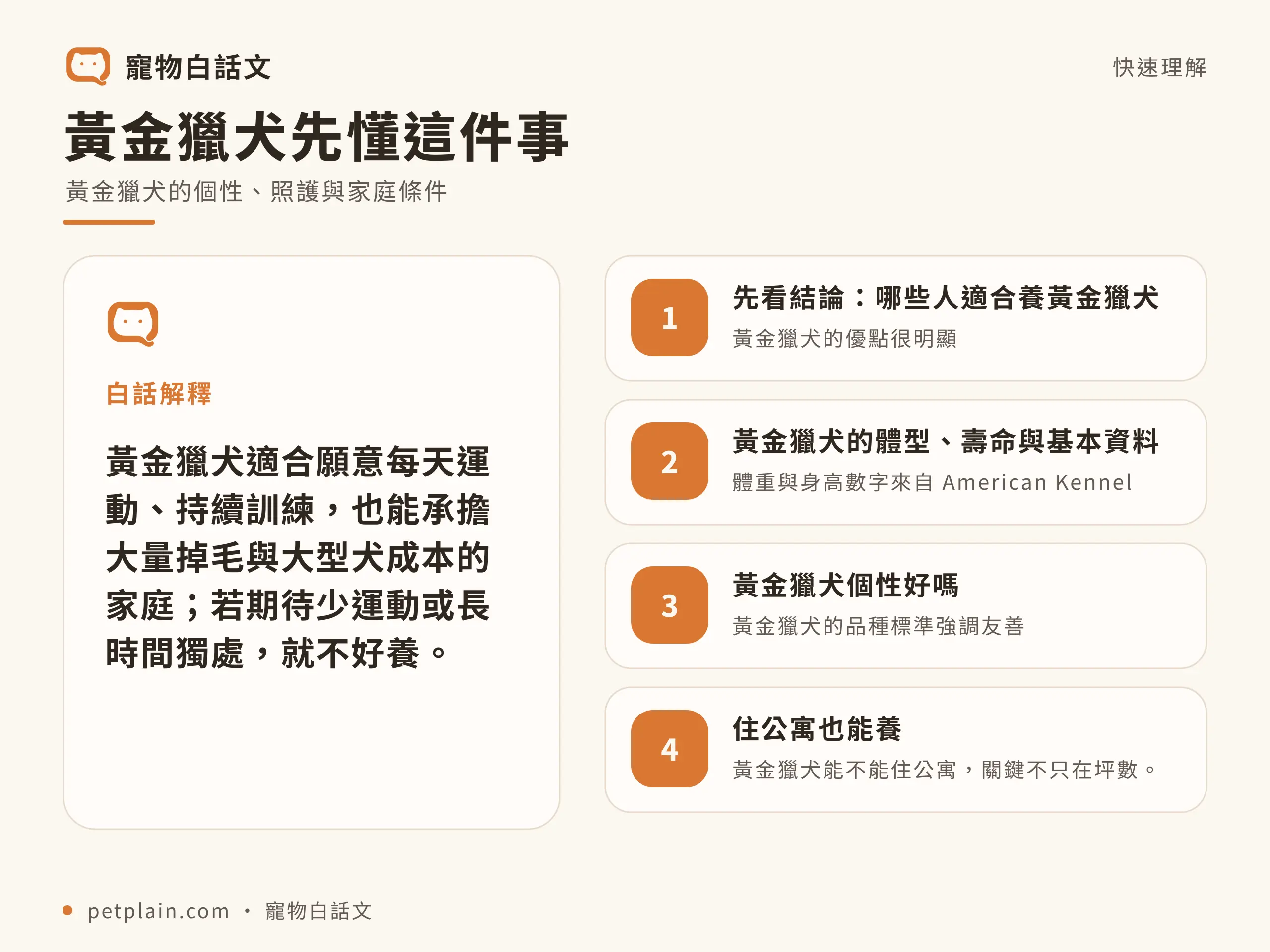黃金獵犬核心概念資訊圖,對應〈黃金獵犬好養嗎?個性、壽命、常見疾病與飼養費用完整指南〉