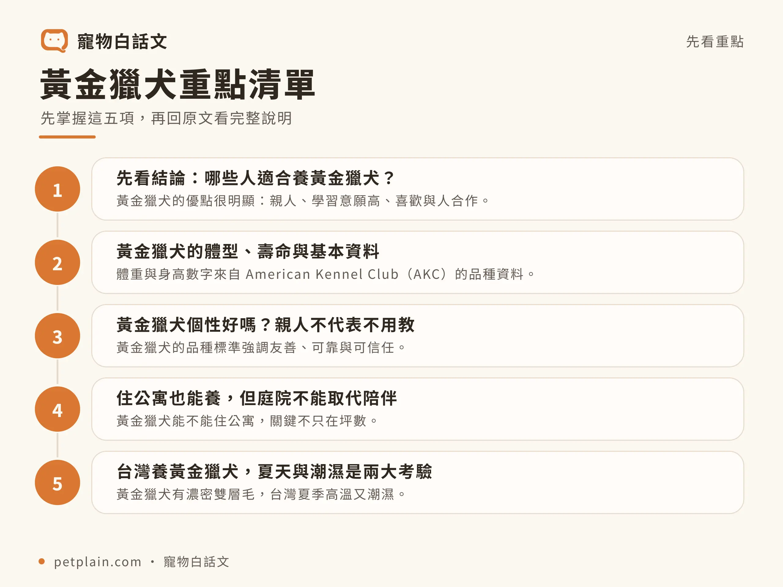 黃金獵犬重點清單資訊圖,對應〈黃金獵犬好養嗎?個性、壽命、常見疾病與飼養費用完整指南〉