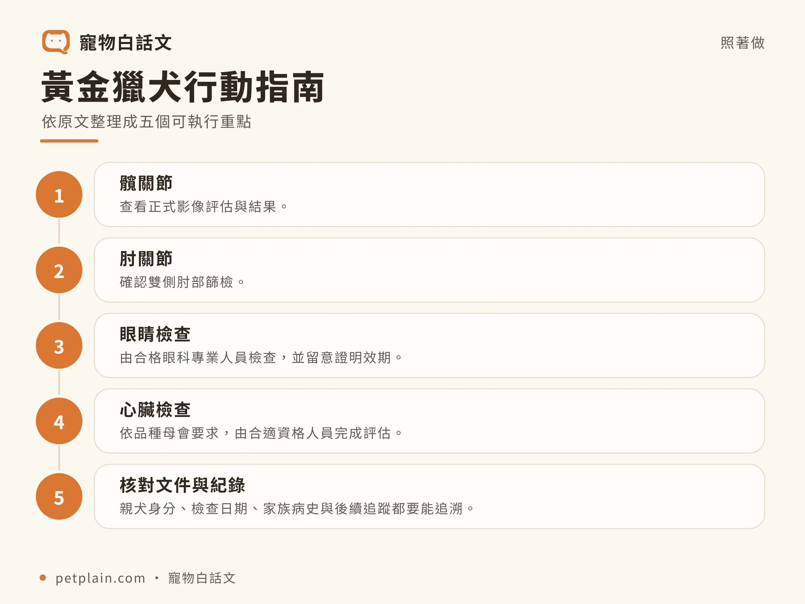 黃金獵犬行動指南資訊圖,對應〈黃金獵犬好養嗎?個性、壽命、常見疾病與飼養費用完整指南〉