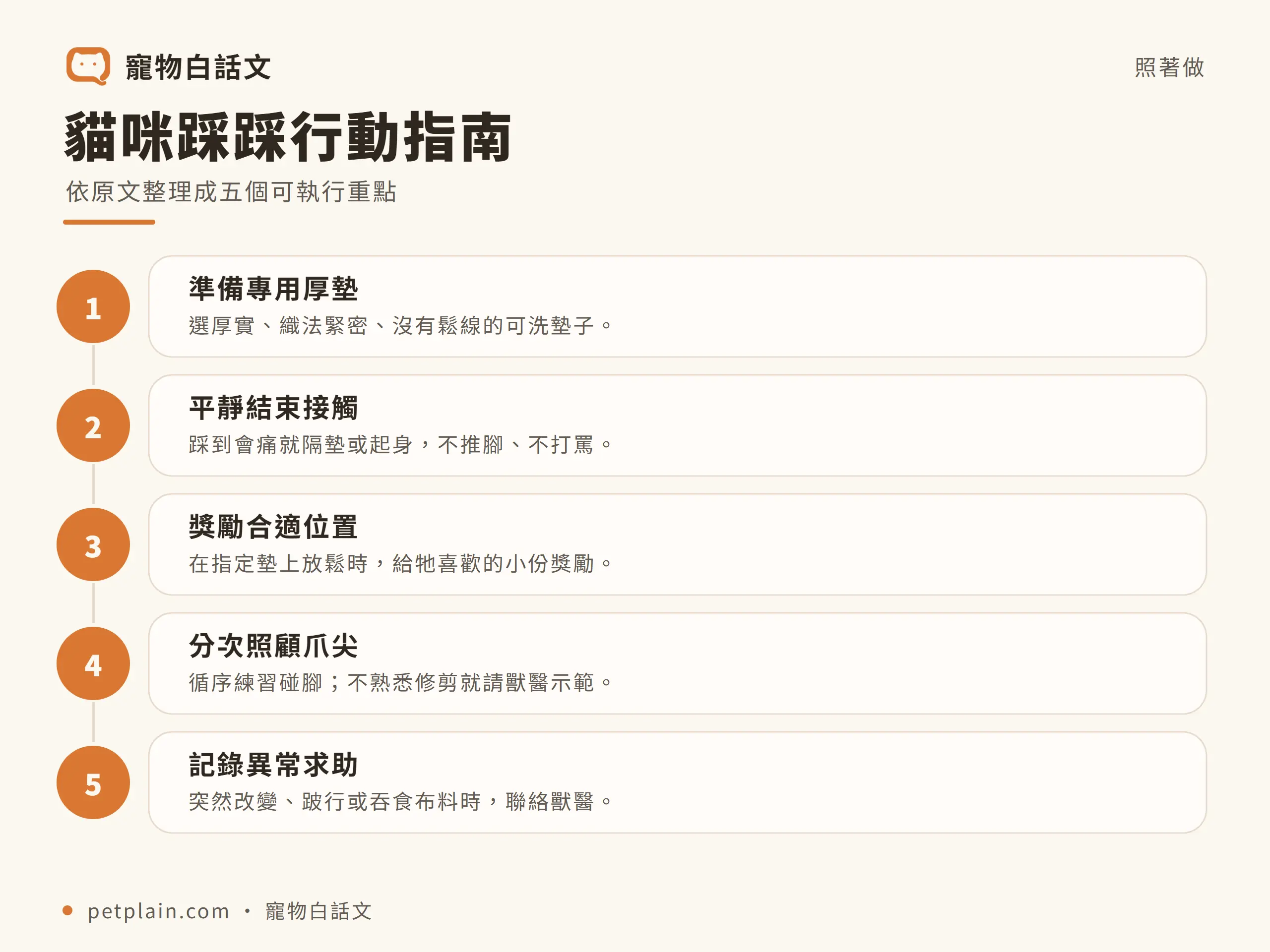 貓咪踩踩｜行動指南：貓咪踩踩行動指南；依原文整理成五個可執行重點；1