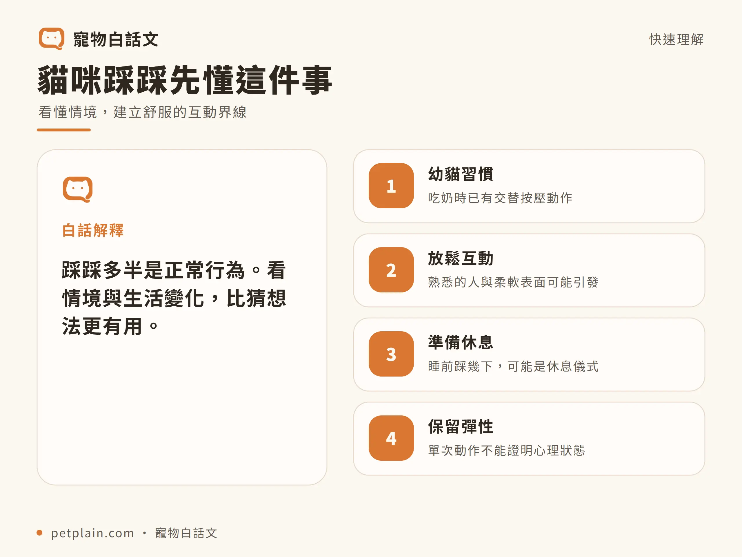 貓咪踩踩｜觀念整理：貓咪踩踩先懂這件事；看懂情境，建立舒服的互動界線；白話解釋