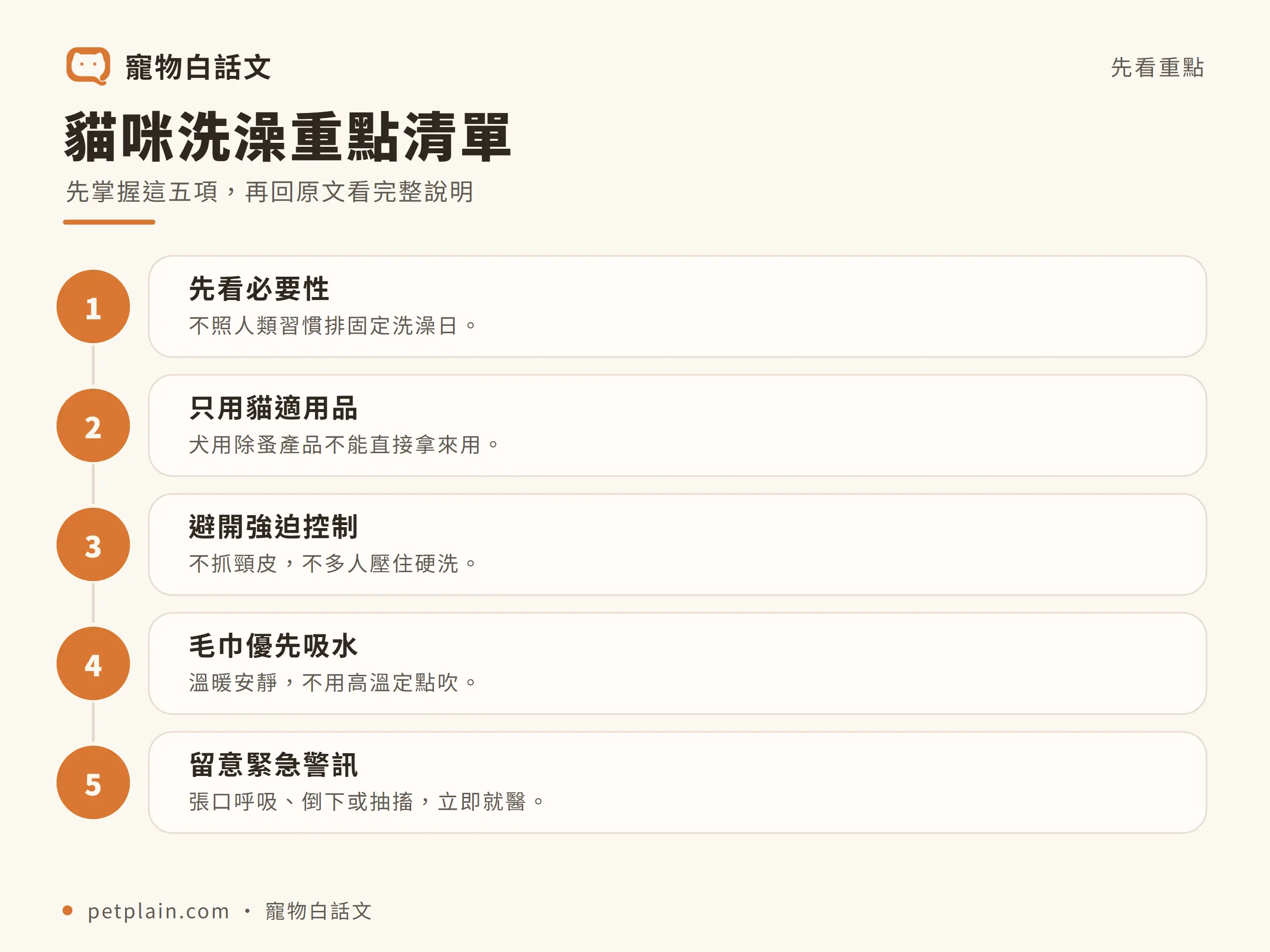 貓咪｜重點清單：貓咪洗澡重點清單；先掌握這五項，再回原文看完整說明；不照人類習慣排固定洗澡日。；只用貓適用品；犬用除蚤產品不能直接拿來用。；避開強迫控制；不抓頸皮，不多人壓住硬洗。；毛巾優先吸水；溫暖安靜，不用高溫定點吹。；留意緊急警訊；張口呼吸、倒下或抽搐，立即就醫。