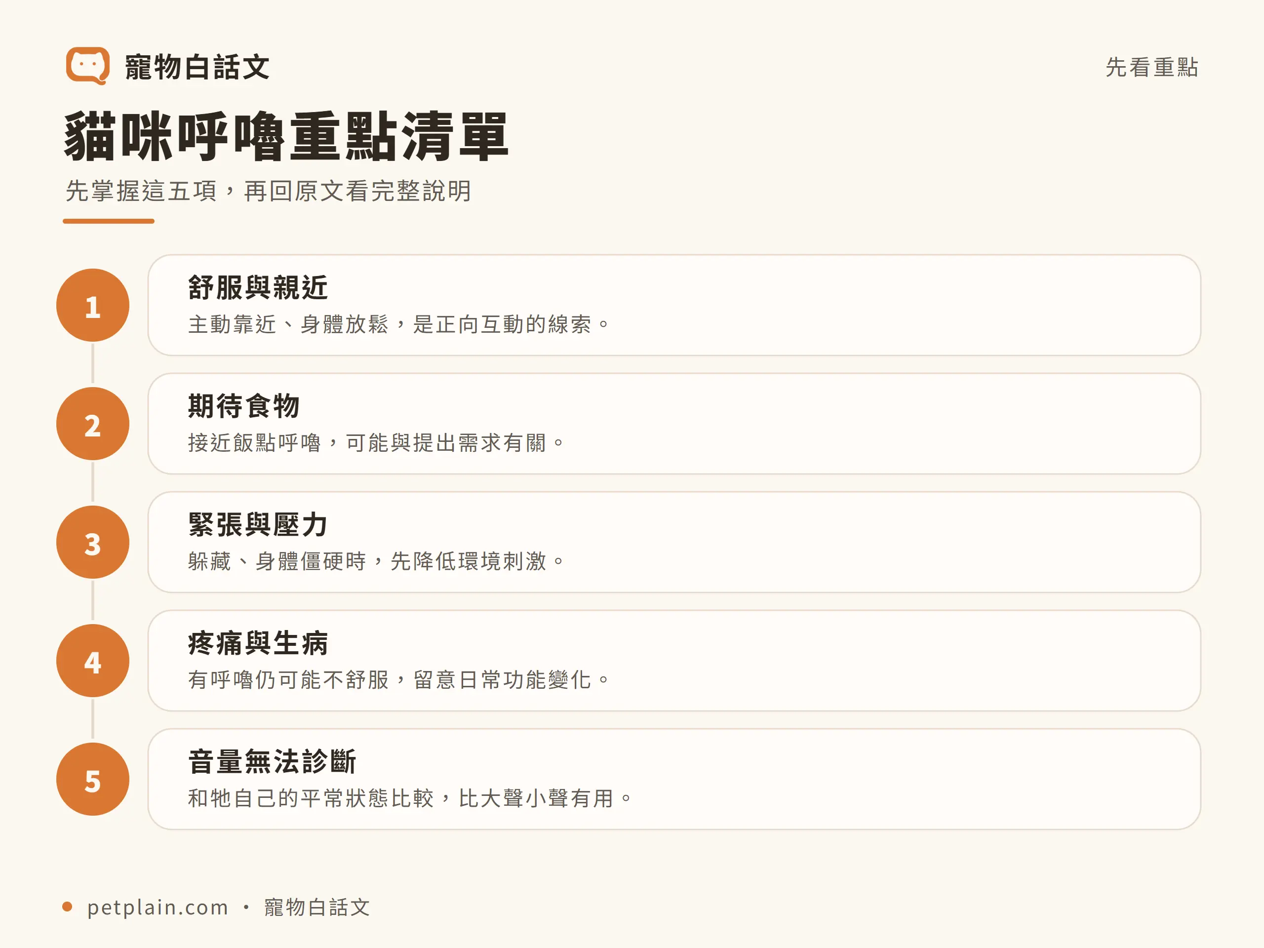 貓咪呼嚕｜判讀重點：貓咪呼嚕重點清單；先掌握這五項，再回原文看完整說明；1