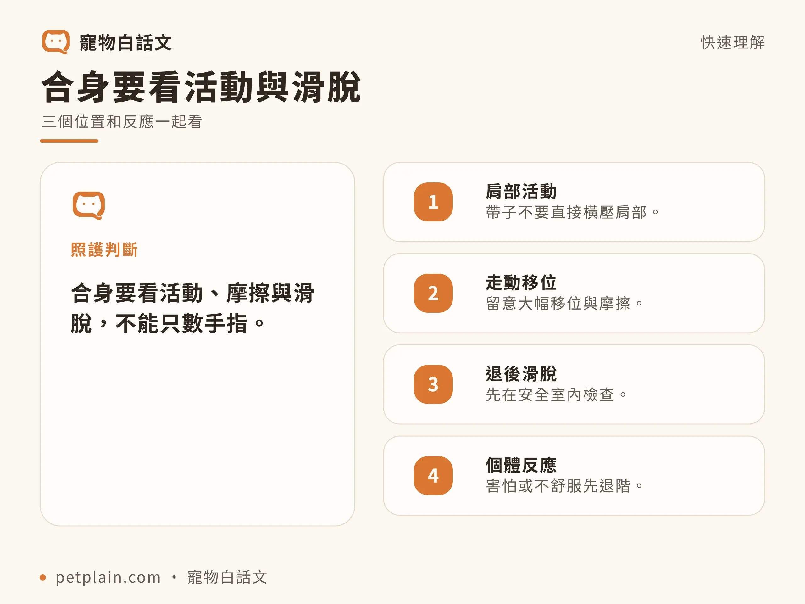 合身要看活動與滑脫，三個位置和反應一起看