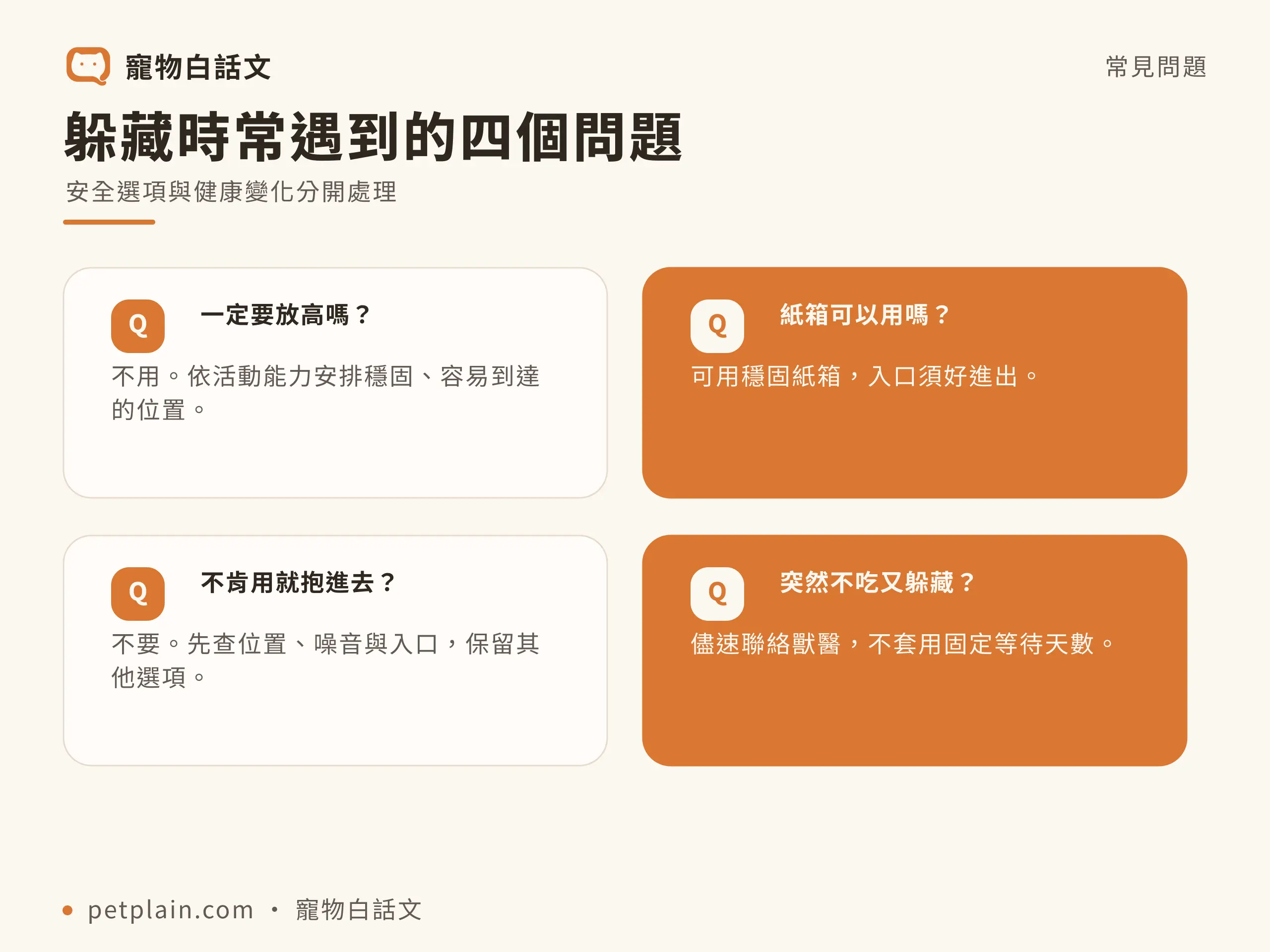 躲藏時常遇到的四個問題：一定要放高嗎？、紙箱可以用嗎？、不肯用就抱進去？、突然不吃又躲藏？